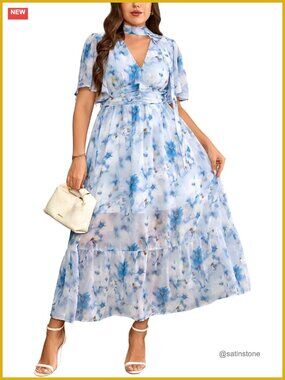 Plus Size Floral Chiffon Maxi Dress with Detachable Tie Smocked Back